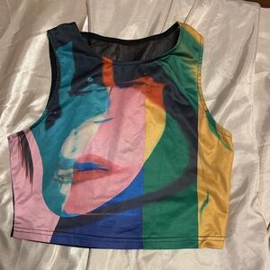 Pink and Blue Sleeveless Graphic Crop Top